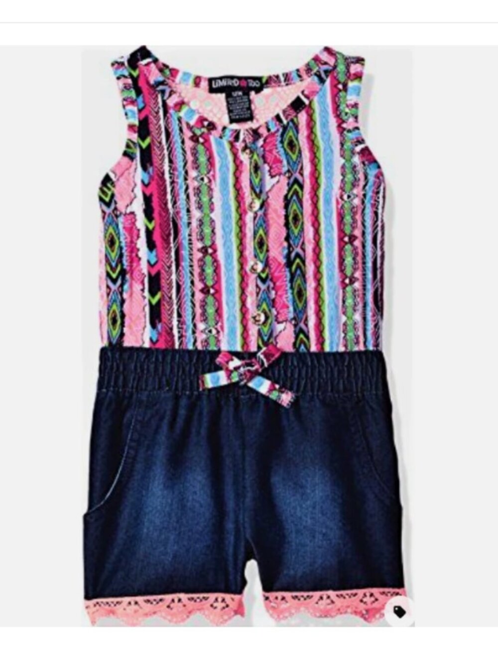 NEW Limited Too Girls' Big Sleeveless Denim Multicolored Romper, Sz. 24M